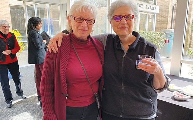 Eva Vogel, left, and Susan Stein of Morristown, both participants in the Drew University writing workshop, at a Holocaust symposium in April held at the College of Saint Elizabeth. Photo by Johanna Ginsberg