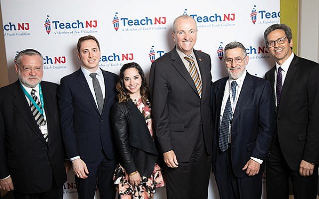 At the Teach NJ dinner are, from left, Allen Fagin, the OU’s executive vice president and chief professional officer; Teach Advocacy Network’s director of state political affairs, Dan Mitzner, and grassroots director, Renee Klyman; Gov. Phil Murphy; Rabbi Menachem Genack, CEO of the OU Kosher Division; and Josh Caplan, director of Teach NJ.
