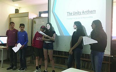 Contra Costa Jewish Day School students present a national anthem project together with students from the Arnon School in Ramat Gan. Courtesy of Contra Costa Jewish Day School