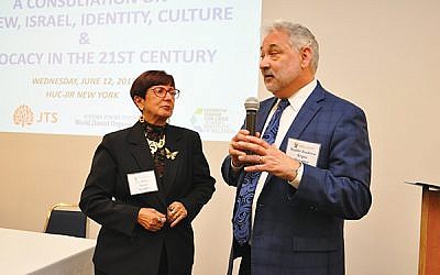 Rabbi Andrew Ergas, president of the Council for Hebrew Language and Culture in North America, which hopes to increase Hebrew proficiency among American Jews, with Dr. Esther Serok, North American representative of the World Zionist Organization, in New York City on June 12. Photo by Yaakov Cohen