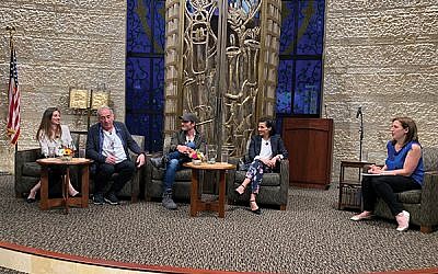 “Shtisel” cast members, from left, Neta Riskin, Doval’e Glickman, and Michael Aloni, along with producer Dikla Barkai, participated in a panel at Congregation Agudath Israel in Caldwell on June 13, moderated by local author Dara Horn.
Photo by Johanna Ginsberg