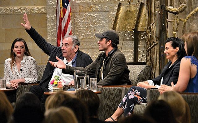 Doval’e Glickman, second from left, asks for volunteers to make a shidduch for Michael Aloni, to the delight of Neta Riskin, at left, producer Dikla Barkai, second from right, and moderator Dara Horn.