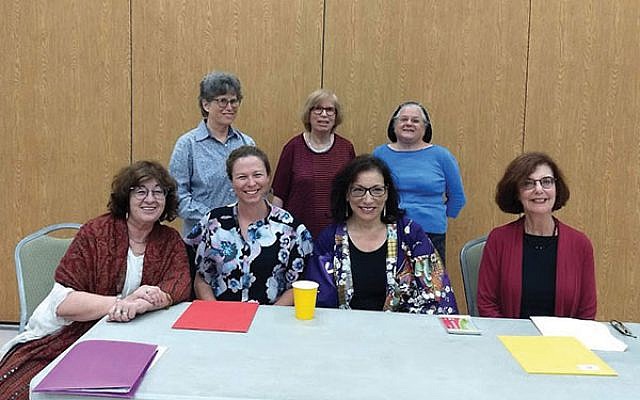 At the Raritan Valley Hadassah program are, from left, seated, panelists Eetta Prince-Gibson, Debra Lancaster, Meryl Frank, and Gayle Brill Mittler; and, standing, programming chairs Sue Dobkin, Roselyn Bell, and Elise Gonzalez. Photo by Debra Rubin