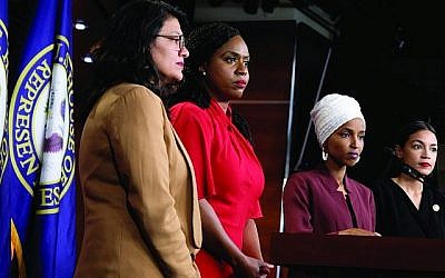 Members of the “Squad ”— Democratic Reps. Rashida Tlaib, left, Ayanna Pressley , Ilhan Omar and Alexandria Ocasio Cortez — at a press conference in July denouncing President Trump’s tweets as racist. The president called out their anti-Israel positions. Getty Images