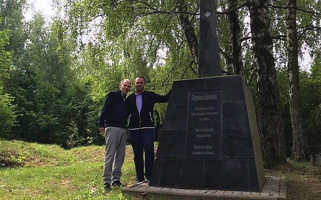 Howard, left, and Scott Kalmikoff at the Holocaust Memorial in the Shklov Jewish Cemetery. Photos courtesy Scott Kalmikoff