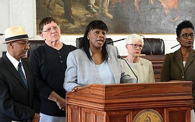 Trenton City Council President Kathy McBride, at podium, with council members, from left, Santiago Rodriguez, George Muschal, Marge Caldwell-Wilson, and Robin Vaughn at a recent press conference. Courtesy Office of Trenton Mayor Reed Gusciora