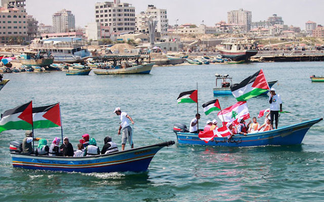 Gazans mark the fifth anniversary of the Mavi Marmara Gaza flotilla at the Gaza City seaport, May 31, 2015. (Aaed Tayeh/Flash90)