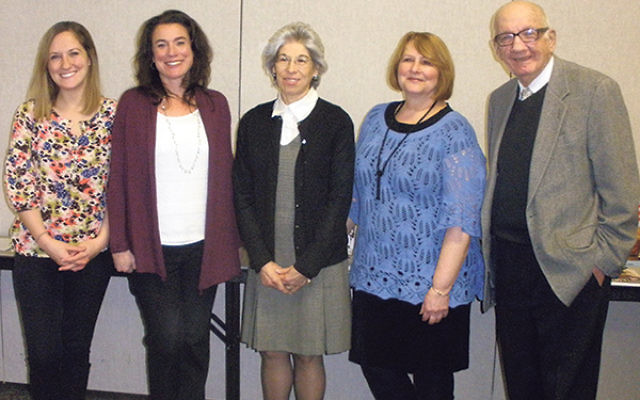 Leaders of a federation-sponsored parent workshop on how to teach youngsters about the Holocaust were, from left, teachers Danielle Burke, Sara Fernandez, Deborah Pecora, and Rachel Pasichow, and Dr. Paul Winkler, executive director of the NJ Commission o