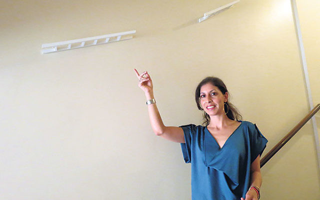 Curator Shlomit Dror points to two of the 17 ladders of Interspacing, created by Milcah Bassel. Curator Shlomit Dror points to two of the 17 ladders of Interspacing, created by Milcah Bassel.