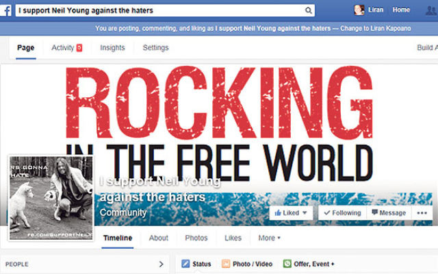 The Facebook page supporting Neil Young, a play on the rock singer’s hit, “Rockin’ in the Free World.” The page was launched by three Rutgers graduates to support Young, who is being pressured by the anti-Israel Boycott, Divestment