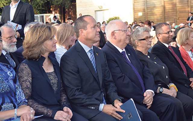 At the Jerusalem Unity Prize ceremony are, from left, Bat-Galim Shaar, mother of murdered Israeli teen Gilad Shaar; Beverly Barkat and her husband, Jerusalem Mayor Nir Barkat; Israeli President Moshe Rivlin and his wife, Nechama; President’s Office