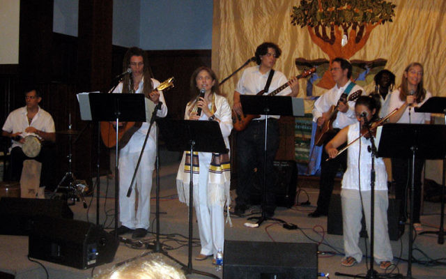 Rabbi Naomi Levy, third from left, leads the band at her Nashuva service in California. Temple Beth Ahm Yisrael in Springfield is adapting the Nashuva model for a Friday night service of its own. Photos courtesy Naomi Levy
