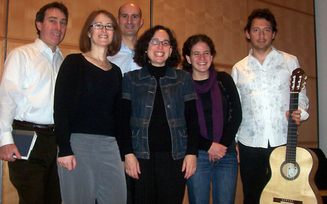 The first Zamru service was led by cofounders, from left, Avi Paradise, Margaret Berger, Dean Edelman, and Rabbi Julie Roth. Princeton graduate student Deborah Beim and guitarist Dan Nadel were also at the inaugural event.