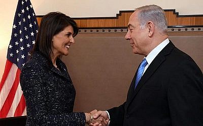 Israeli Prime Minister Benjamin Netanyahu meets with U.S. Ambassador Nikki Haley at the United Nations in New York, March 8, 2018. JTA