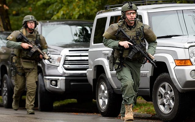 Police respond to a mass shooting at the Tree of Life Synagogue in the Squirrel Hill neighborhood of Pittsburgh, Oct. 27, 2018. JTA