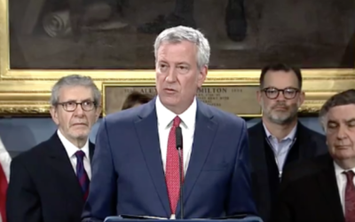 New York Mayor Bill de Blasio at a press conference at City Hall this morning where he announced the launch of a new NYPD unit to tackle ethnically and racially motivated crimes. Screenshot/Twitter