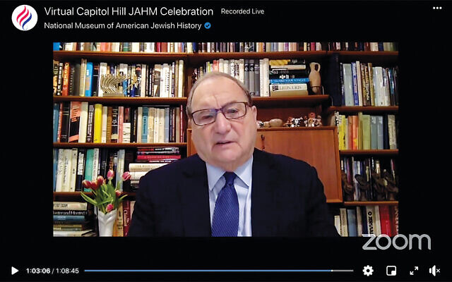 Abe Foxman accepts his award on Zoom; in his remarks, he talks about optimism and hope.