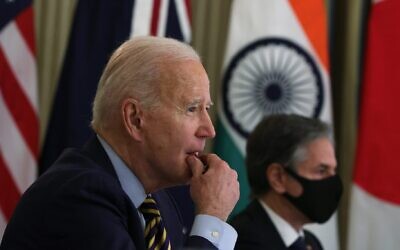 President Joe Biden and Secretary of State Anthony Blinken participate in a virtual meeting with leaders of Quadrilateral Security Dialogue countries in the White House, March 12, 2021. (Alex Wong/Getty Images)