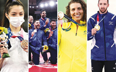 Among the Jewish athletes to win medals in Tokyo are, left to right, Avishag Semberg, Team Israel Judo, Jessica Fox, and Artem Dolgopyat. (Getty Images)
