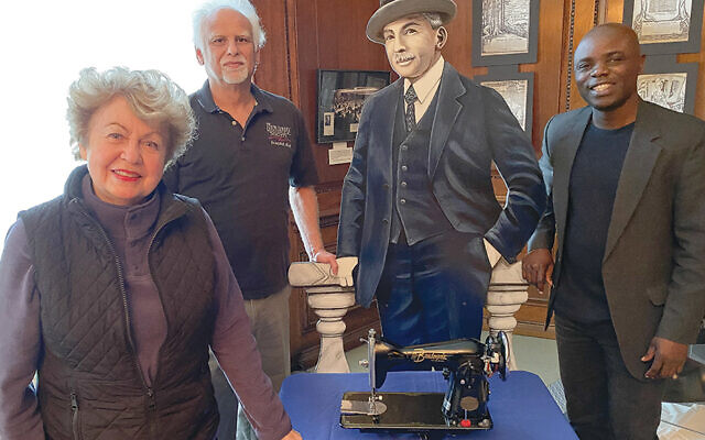 Linda Forgosh, left, with Steven Tettamanti, a life-size cut out of department store owner Louis Bamberger, and James Amemasor. 
(Courtesy NJHS)