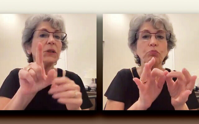 Susan Cohen, the president of the Jewish Deaf Resource Center, signs during a Zoom session of Etzba Elohim.