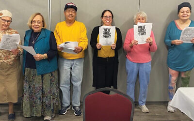 From left, the West Side Story class: Claudia Liberchuk, Rhoda Rosenfeld, Felix Miranda, vocal instructor Mara Adler-O’Kelly, Helen Bromberg, and Beverly Goldberg.