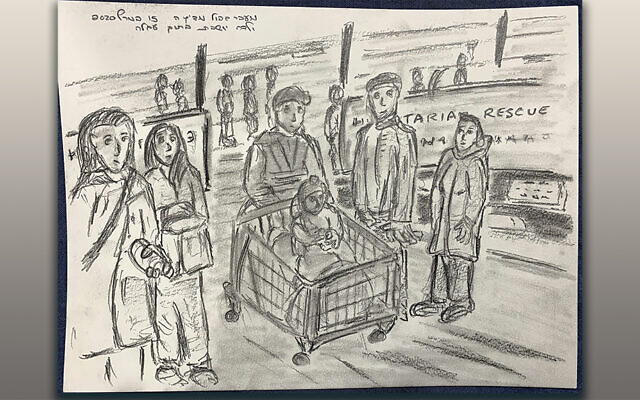 Dov Ben-Shimon turned to drawing to describe what he saw when words failed him. This shows a family at the Medyka border crossing; a parent wheels a small child in a shopping cart as other refugees make way. (Drawing by Dov Ben-Simon)