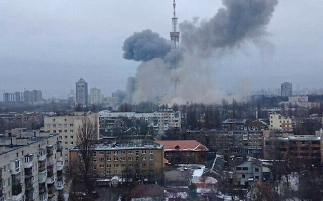 A Russian military strike on a TV tower in Kyiv also damaged the Babi Yar Holocaust memorial. (Twitter)