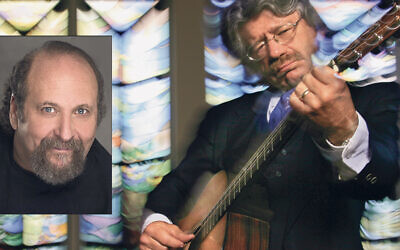 Cantor Ilan Mamber plays guitar. Inset, Lenny Mandel Cantor Ilan Mamber plays guitar. Inset, Lenny Mandel