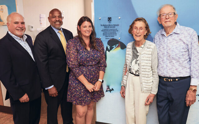 Barry Kirschner, left, the Valerie Fund’s executive director, with Darrel Terry, the president of Newark Beth Israel, child-life specialist Jillian Hinko, and donors Marilyn and Monroe Markovitz. (Courtesy Valerie Fund)
