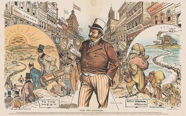 An antisemitic cartoon from Judge Magazine, ca. 1892, shows Jewish immigrants fleeing persecution in Russia and establishing businesses in New York, while America’s “first families” flee west. Oddly, the cartoon also seems to credit the Jews for their “perseverance and industry.” (Cornell University/PJ Mode Collection of Persuasive Cartography)