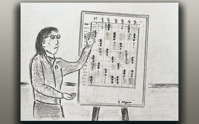 The sketches that accompany this story 
are by Dov Ben-Shimon. Here, we see a JDC professional explaining the electricity blackout program in Odessa on a weekly time chart. (Dov Ben-Shimon)