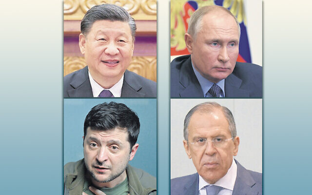 Clockwise from top left, China’s President Xi Jinping (Huang Jingwen/Xinhua via Getty Images), Russia’s President Vladimir Putin (Russian Presidential Press and Information Office), Russia’s foreign minister, Sergey Lavrov (Wikimedia Commons) and Ukraine’s President Volodymyr Zelensky (Sergei Supinsky/AFP via Getty Images)