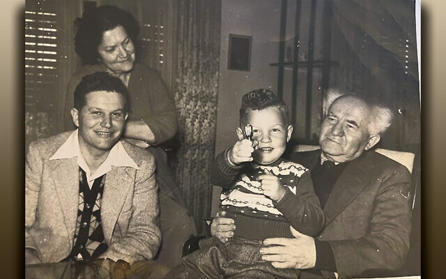 David Ben-Gurion holds his grandson, Alon, as his wife, Paula, and his son, Amos, beam. (Photos courtesy Alon Ben-Gurion)