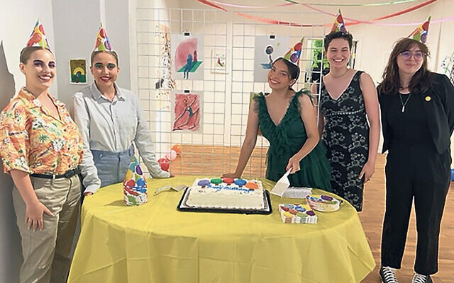 From left, Amy Herzberg and Shelby O’Brien as the twins, Frida Hernández as Elika), Hannah Weisz, and stage manager Emily Sciaino.