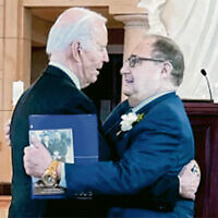 Abe Foxman and President Joe Biden embrace at Holocaust Memorial Day at the Capitol. (Stacey Saiontz)