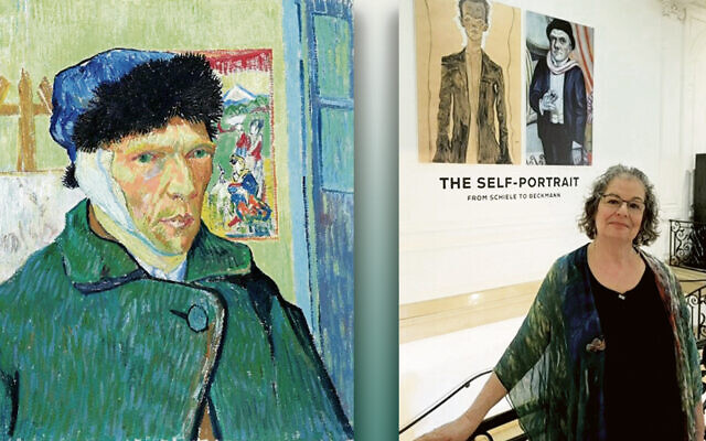 Van Gogh’s ‘Self-Portrait with Bandaged Ear, left, and Janet Mandel (Photos courtesy JCC MetroWest)