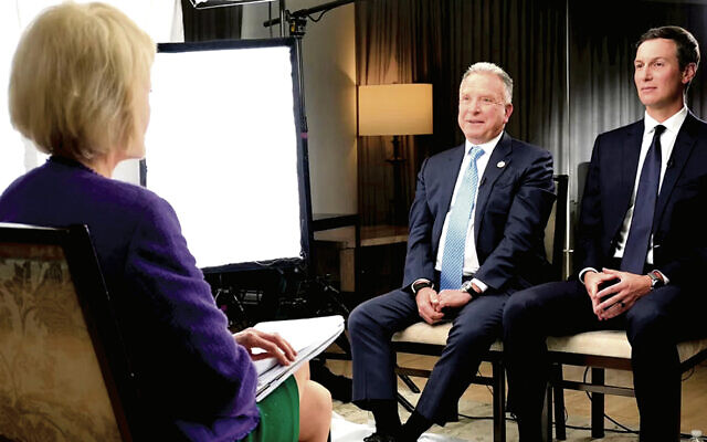 Steve Witkoff and Jared Kushner, right, on CBS’s “60 Minutes” with journalist Leslie Stahl in an episode that aired on October 19. (Screenshot)