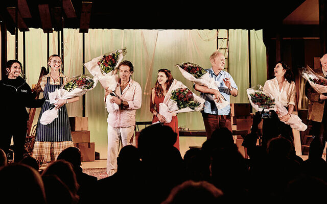 The cast, taking a curtain call after the opening performance, includes Elliot Levey, Aya Cash, and John Lithgow. (Courtesy Giant) The cast, taking a curtain call after the opening performance, includes Elliot Levey, Aya Cash, and John Lithgow. (Courtesy Giant)