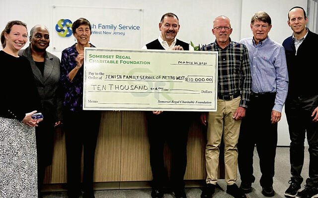 Jodi Rosenberg, Jewish Family Service of MetroWest’s associate director of grants and strategic Initiatives; Sherita Lyons-Carr, CFO of JFS; Diane K. Squadron, PsyD, CEO of JFS; Neil Viotto, EVP and COO of Somerset Regal Bank; Chris Pribula, president and CEO of Somerset Regal Bank; Bill Taylor, executive chair of Somerset Regal Bank; and David Orbach, chairman of SR Bancorp, Inc.