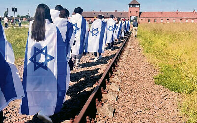 Kushner students, wrapped in Israeli flags, walk on the train tracks to Auschwitz. (All photos courtesy Ariel Horn Levenson)