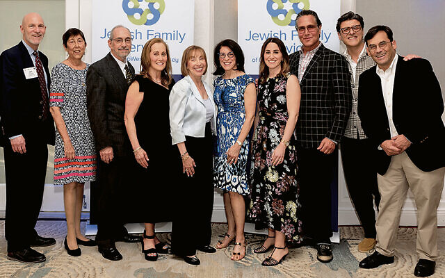 Jeffrey Shapiro of North Caldwell, president-elect of JFS’s board of trustees; Diane K. Squadron, JFS CEO; Bill Steinhauer of West Orange, winner of the JFS Maxine Myers Volunteer award; Pam Fishman of Short Hills, winner of the JFS Community Impact award; FJS gala cochairs Linda F. Jacobs of Livingston and Rebecca Gold of Mountain Lakes; Pamela Davis of Short Hills, winner of the JFS Ambassador award; Jerry Rose of Summit and John Simoudis of Maplewood, JFS Community Partner awardees; and Steven J. Glass of West Orange, president of JFS’s board of trustees. (Photo courtesy JFS)