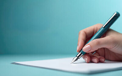 Woman hand writes with classic fountain pen on blank paper sheet. Person signs document contract or important agreement with ink tool. Author pens letter or learns, calligraphy handwritten on desk.