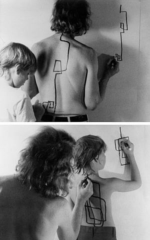 Dennis Oppenheim, Two Stage Transfer Drawing, 1971, stills from b&w videotape (Courtesy HaBeer)