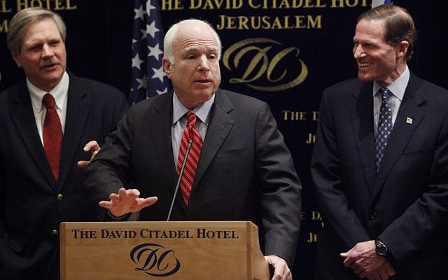 US Republican Senator John McCain speaking in Jerusalem in February 2012 (photo credit: Miriam Alster/Flash90)