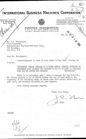A typical Hitler-era letter from IBM Geneva to IBM NY micromanaging its German subsidiary. There were thousands of such communications during the Reich years. (photo credit: courtesy Edwin Black Collection, IBM files)