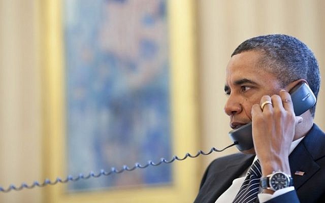 US President Barack Obama speaks with Prime Minister Benjamin Netanyahu in January 2012. (photo credit: Peter Souza/White House/File)