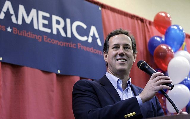 Sen. Rick Santorum speaks during a rally, Thursday,  in Oklahoma City. (photo credit: AP/Eric Gay)