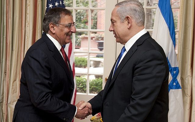 US Secretary of Defense Leon Panetta (L) shakes hands with Prime Minister Benjamin Netanyahu in Washington (photo credit: CC-BY-Secretary of Defense, Flickr)