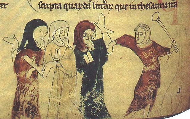 Marginal illustration from the Chronicles of Offa (British Library, Cotton Nero DI), folio 183v, showing the persecution of the Jews.  Illustration by Matthew Paris.  Scanned from Four Gothic Kings, Elizabeth Hallam, ed.  (Photo credit: Wikimedia Commons)